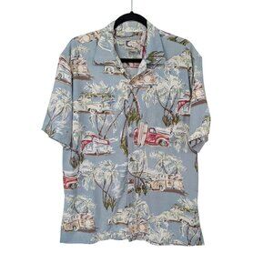 Vintage Blue Water Hawaiian Button Up Shirt Men Size L Classic Car Palm Tree USA